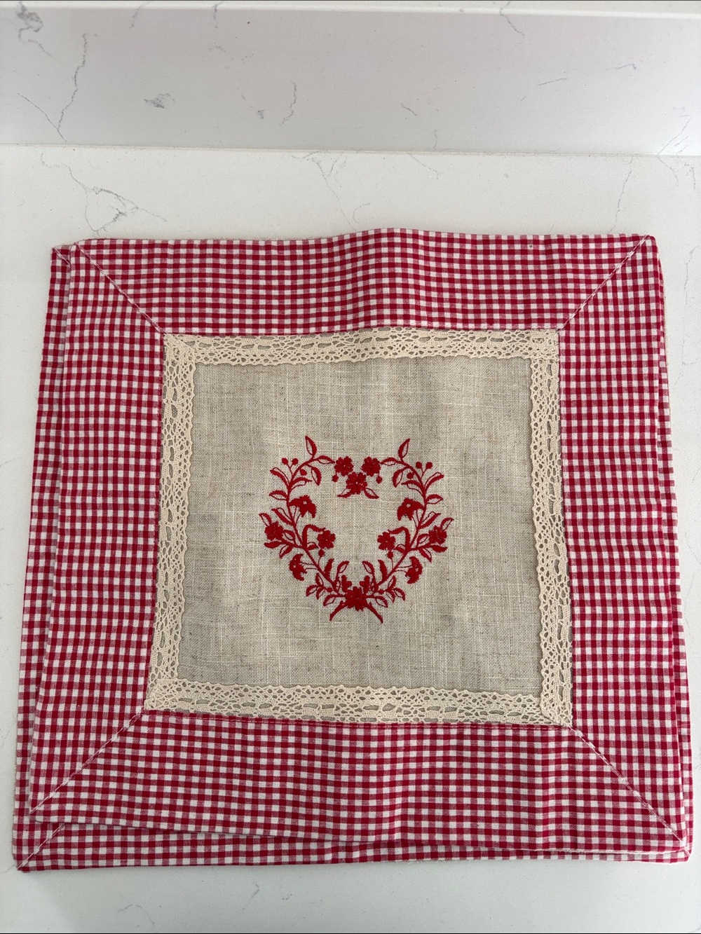 French Red Gingham Linen Pillow Cover with Embroidered Heart and Lace